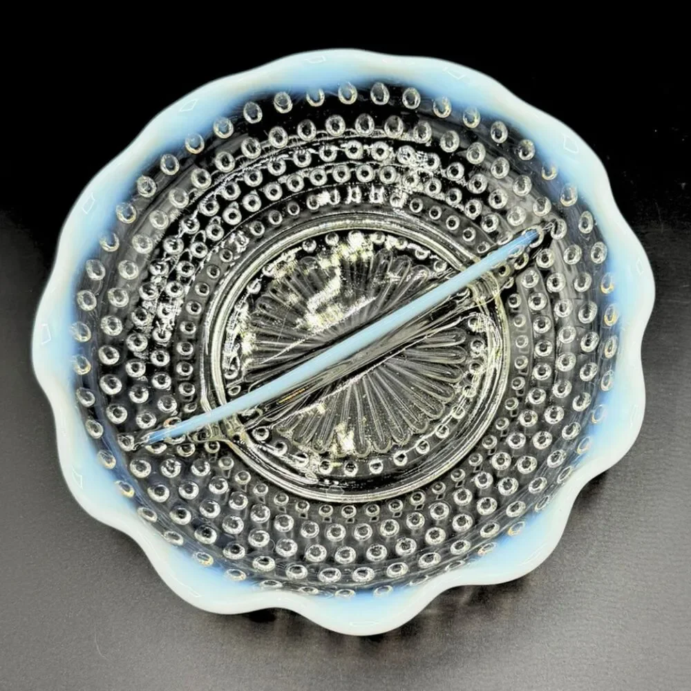 Vintage Fenton Moonstone Divided Dish Hobnail Opalescent Glass Relish Candy Nuts